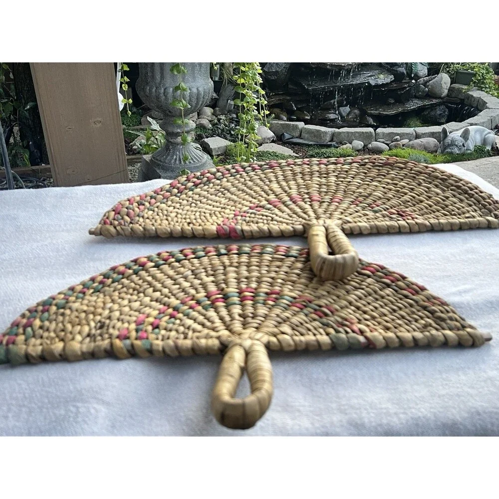 Vintage Handwoven Wicker Wall Fan Set Boho Coastal Seagrass Rattan Decor Pair